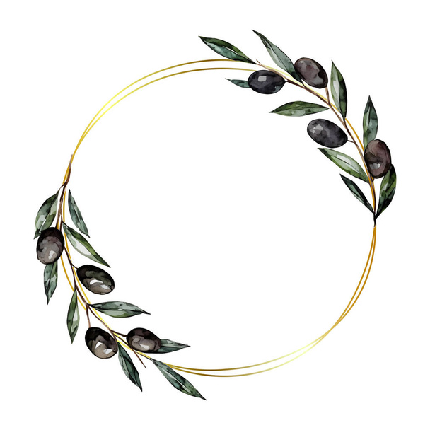 Зеленые листья и черные оливковые ветви золотой круглый кадр изолированы на белом фоне. Ручной рисунок вектора акварели. Векторная иллюстрация - Вектор,изображение