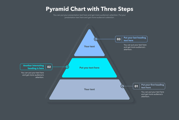 Pyramid chart template with three colorful steps - dark version. Creative diagram divided into three steps. - Vektor, kép