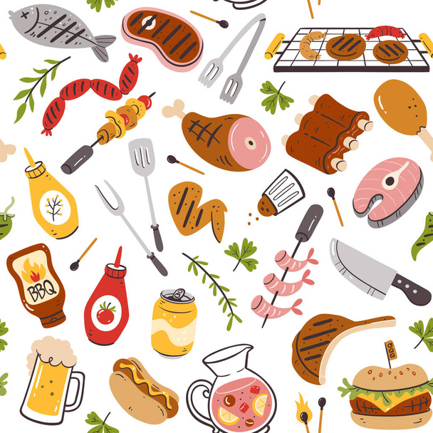 Barbecue party seamless pattern with meat, burgers, sausages and barbecue utensils. Isolated elements on white background. Hand-drawn vector illustration. - Vector, Image