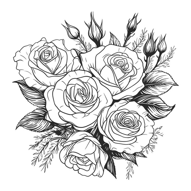 Ведро цветка роз в черно-белой линии художественной векторной иллюстрации - Вектор,изображение