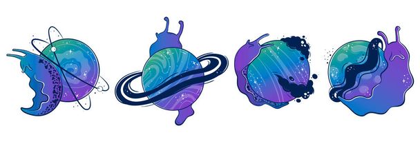Clipart collectie met Mystieke slakken met een ruimte planeet in plaats van een shell-house. Met de hand getekend met gradiënt vector. - Vector, afbeelding