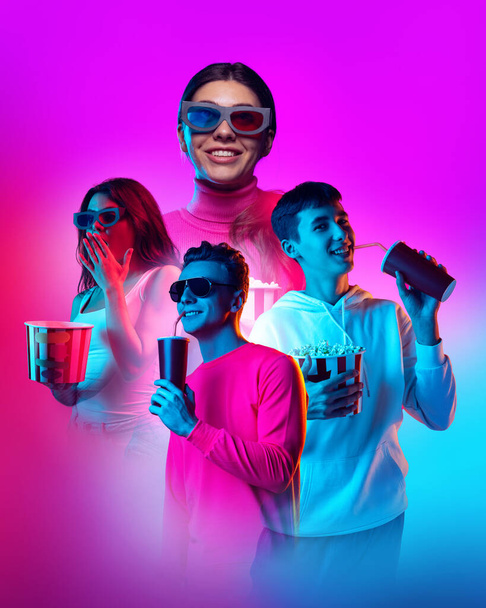 Collage. Young emotive people, men and women watching movies in 3D glasses, eating popcorn on multicolored background in neon. Concept of human emotions, youth, lifestyle. Flyer for ad, poster - Foto, imagen