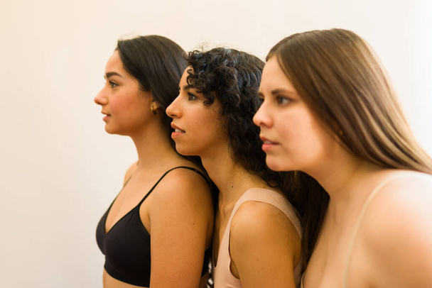 Профиль различных молодых женщин, позирующих вместе, выглядящих женственно и чувствующих самолюбие, любовь и тело позитивно - Фото, изображение