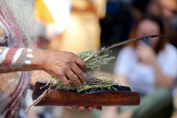 Manos humanas sostienen plato de madera con ramas de plantas australianas, el rito ritual de humo en un evento de la comunidad indígena en Australia - Foto, imagen