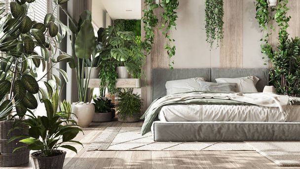 Urbaner Dschungel, minimalistisches Schlafzimmer in weißen und gebleichten Holztönen. Großaufnahme, Bett, Parkettboden und viele Zimmerpflanzen. Home garden interior design. Biophilie-Konzept - Foto, Bild