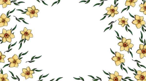 Modèle de bannière florale, publicité, conception web, dépliant, carte postale avec jonquilles et feuilles en cercle sur un fond blanc. vecteur dessiné à la main - Vecteur, image