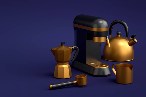 Espresso coffee machine, kettle with horn and geyser coffee maker for preparing breakfast on blue background. 3d render of coffee pot for making latte coffee - Foto, Bild