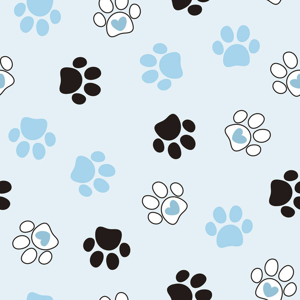  Patrón de pata de mascota sin costuras. Huella de gato o perro sobre fondo azul. Se puede utilizar para fondos de pantalla, envoltura, tarjetas, patrones para la ropa y otros. - Foto, Imagen