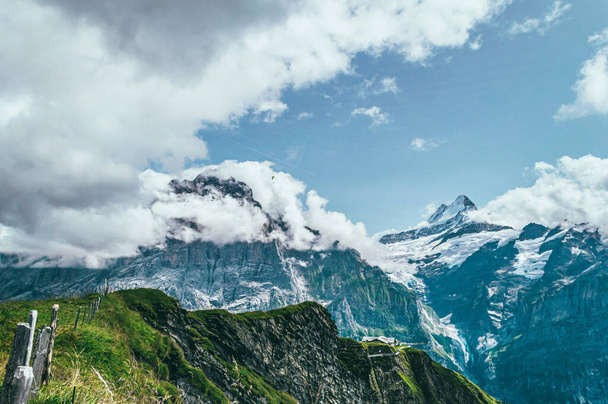 Zomer berglandschap met groen gras en bergtoppen. Zwitserse Alpen - Foto, afbeelding