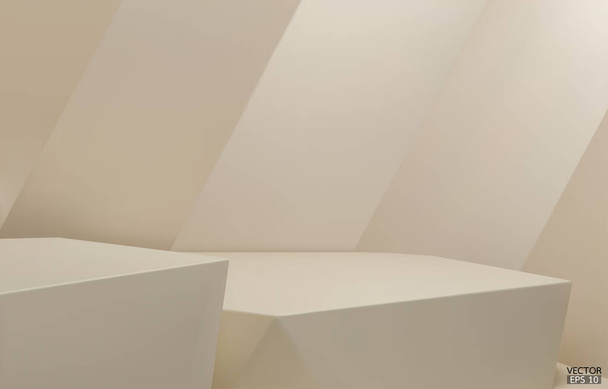 podium géométrique 3D à 2 marches. Cube hexagonal beige, podium carré en fond beige. Concept scène vitrine, produit, promotion vente, bannière, présentation, cosmétique. Illustration vectorielle 3D. - Vecteur, image