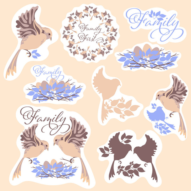 pegatinas dibujadas con familia de aves - Vector, imagen