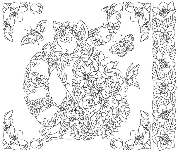 Floral lemur. Adult coloring book page with fantasy animal and flower elements - Vecteur, image