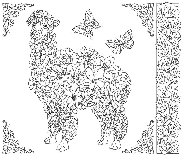 Floral llama alpaca. Adult coloring book page with fantasy animal and flower elements - Wektor, obraz