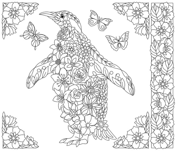 Floral penguin. Adult coloring book page with fantasy animal and flower elements - ベクター画像