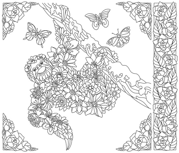 Floral sloth. Adult coloring book page with fantasy animal and flower elements - Vector, imagen