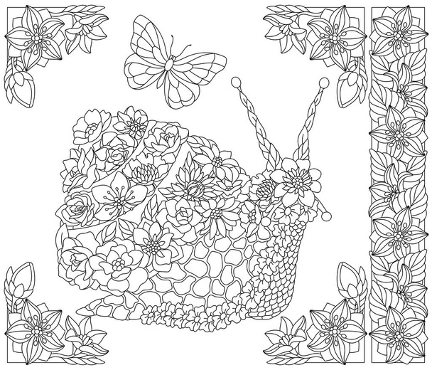 Floral snail. Adult coloring book page with fantasy animal and flower elements - Вектор,изображение