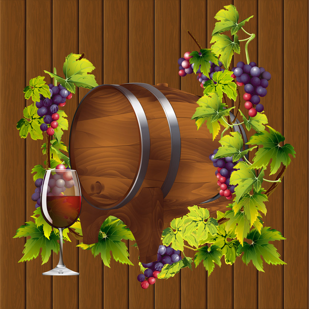 бочка вина на фоне виноградной лозы
 - Вектор,изображение