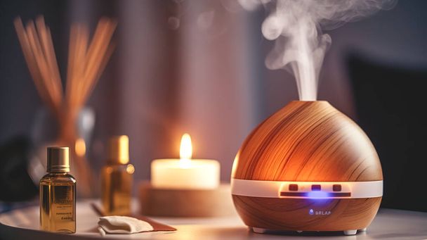 Cozy spa composition with aroma oil diffuser lamp on a blurred background in room interior. - Photo, image