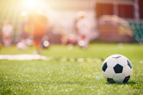 Футбольный мяч на естественном травяном поле в солнечный день. Футбольная тренировка для детей в летнем тренировочном лагере. Место проведения футбольных тренировок и футбольное оборудование - Фото, изображение