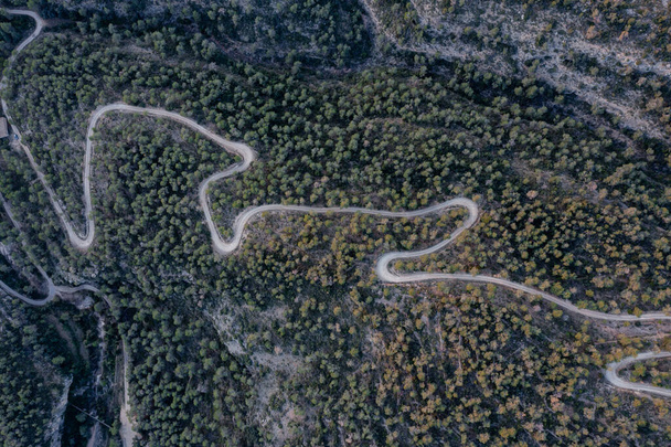 Aerial shot of a curvy road on a mountain in a forest surrounded by pine trees. - Valokuva, kuva