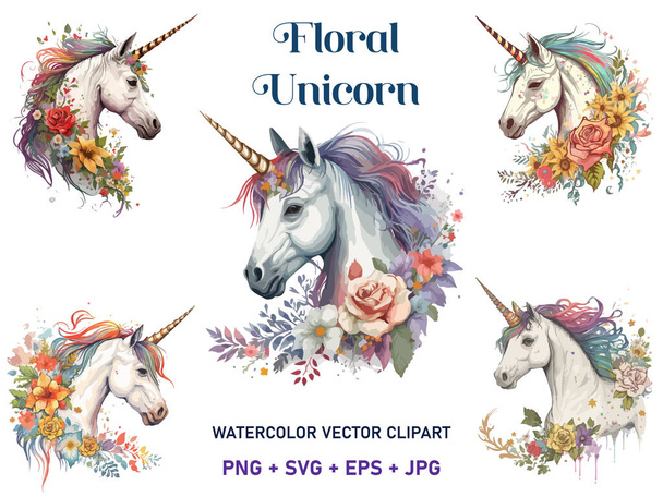 Υδατογραφία floral unicorn, διανυσματική απεικόνιση - Διάνυσμα, εικόνα