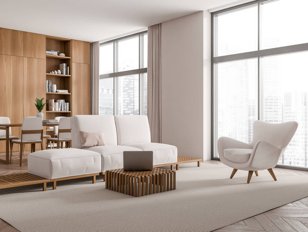 Wooden living room interior with sofa and armchair with laptop, side view, dining zone with table and shelf with decoration on hardwood floor. Panoramic window on Singapore. 3D rendering - Foto, Imagen