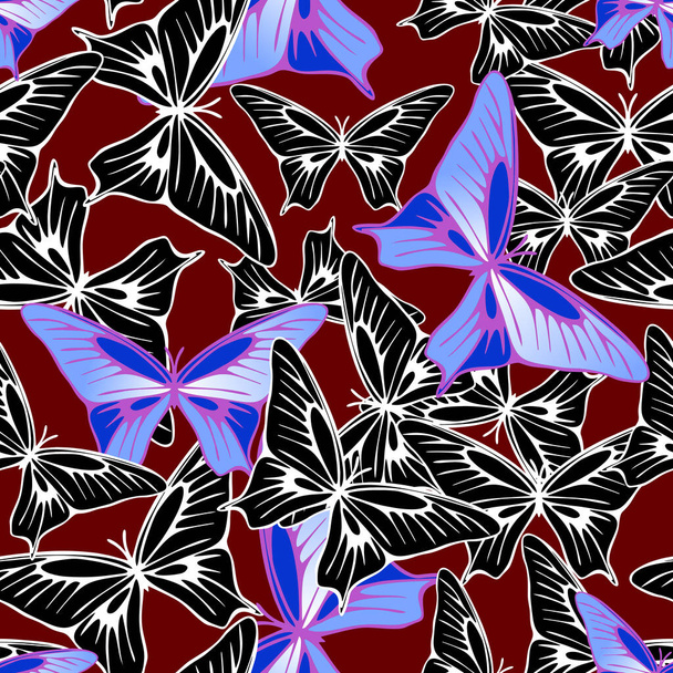 seamless pattern of blue-black butterflies on a burgundy background, texture, design - Vector, Image