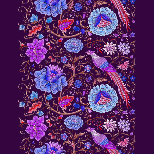 Fantasy flowers and pheasant bird in retro, vintage, chinese silk on velvet embroidery style. Seamless pattern, background. Vector illustration. - Вектор,изображение