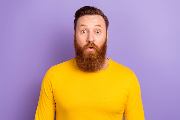 Closeup photo of young brutal guy wear trendy pullover surprised his nice hairstyle barbershop isolated on purple color background. - 写真・画像