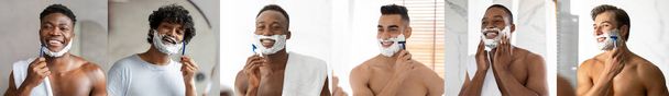 Collage avec divers jeunes hommes se rasant près du miroir dans la salle de bain, souriant beaux hommes multiethniques avec de la mousse de rasage sur le visage à l'aide de rasoir, rendant la routine beauté du matin à la maison, Panorama - Photo, image