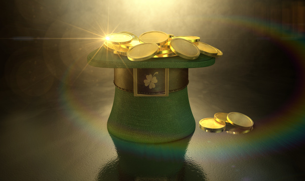 Chapéu de duende verde preenchido com moedas de ouro
 - Foto, Imagem