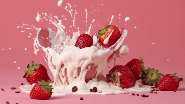 Strawberry in cream. A strawberry falling down and splash into milk or cream - pink background. - Photo, Image