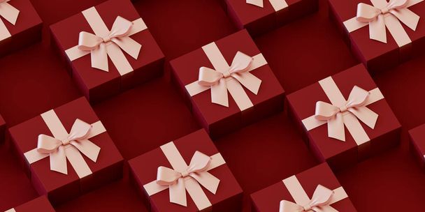 Red Gift Boxes Arranged Background. 3d rendering - Photo, Image