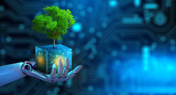 Рука робота тримає дерево на цифровому кубі з технологічним збігом синього фону. Зелені обчислення, CSR, ІТ-етика, взаємодія технологій природи та екологічно чисті
. - Фото, зображення