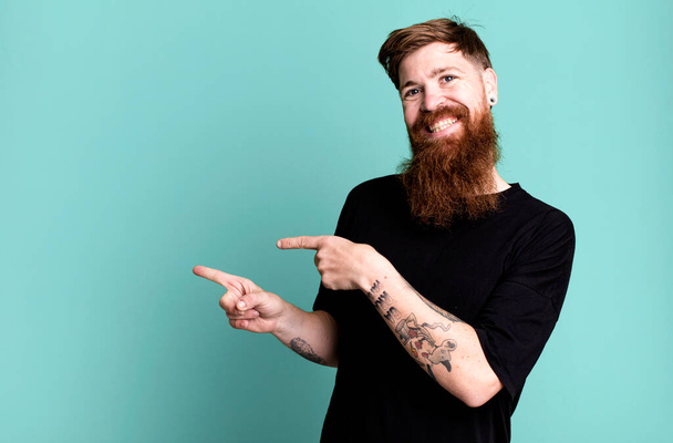 long beard and red hair cool man wearing a simple shirt and with a copy space - 写真・画像