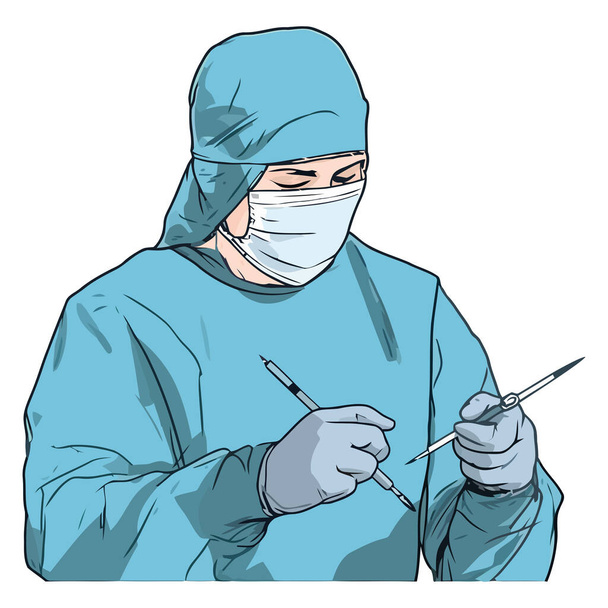 Expert surgeon in blue cap performs surgery over white - Vektori, kuva