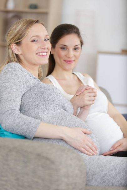 happy pregnant women holding hands on the sofa - Foto, imagen