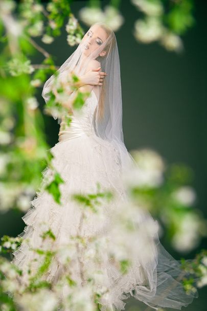 Beautiful young bride has veil over her head and face. - Foto, Imagem