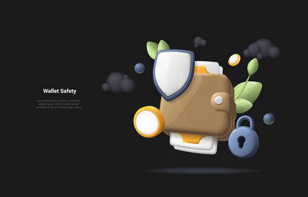 Η έννοια της ασφάλειας πορτοφολιού. 3D απεικόνιση του εικονιδίου ασπίδα ασφαλείας σε καφέ πορτοφόλι. Έννοια απεικόνιση της προστασίας χρημάτων ασφαλείας. Ρεαλιστικό 3d στυλ - Διάνυσμα, εικόνα