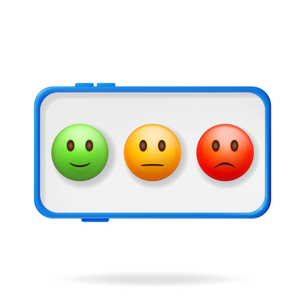 3D Customer Rating Smile Emoticons Checklist in Mobile Phone Isolated. Render Positive, Neutral and Negative Symbols. Testimonials Rating, Feedback, Survey, Quality, Review. Vector Illustration - Вектор, зображення