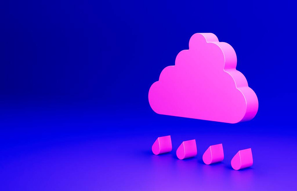 青い背景に雨のアイコンが隔離されたピンクの雲。雨滴と雨の雲の降水量。最小限の概念。3Dレンダリング図. - 写真・画像