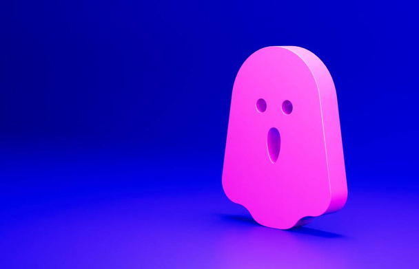 Иконка Pink Ghost выделена на синем фоне. Счастливого Хэллоуина. Концепция минимализма. 3D-рендеринг. - Фото, изображение