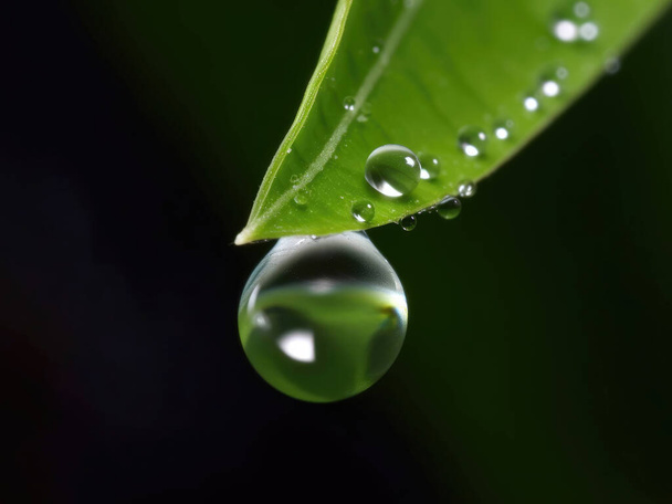 A large dewdrop hangs from the tip of a green leaf. Close up - Valokuva, kuva