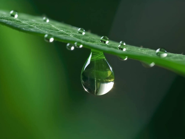 A large dewdrop hangs from the tip of a green leaf. Close up - Photo, Image