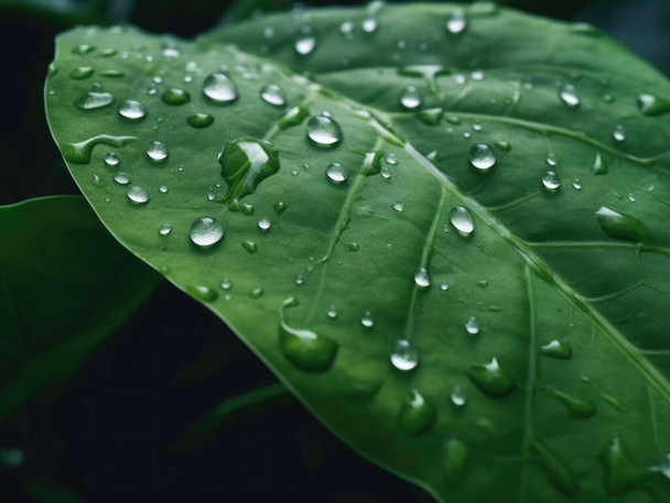 Regendruppels op het oppervlak van een groen blad. Sluiten. - Foto, afbeelding