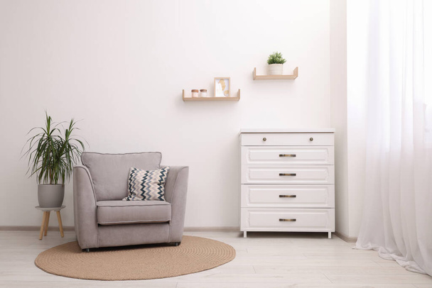 Stylish armchair, houseplant and chest of drawers in room. Interior design - Fotografie, Obrázek