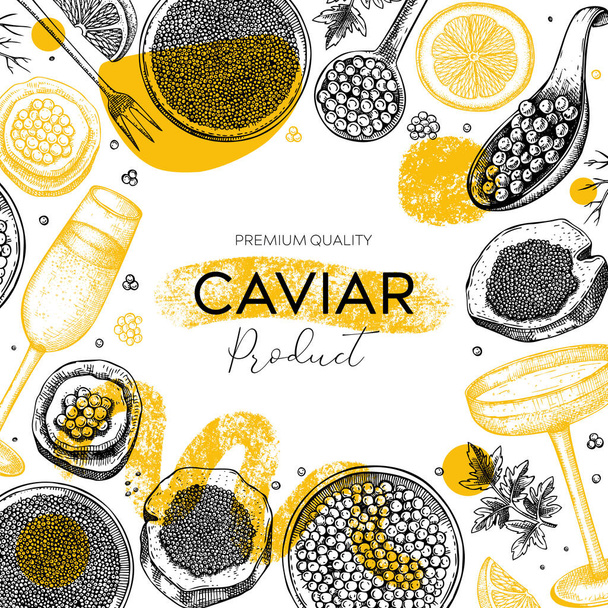 Collage style caviar and champagne illustration. Hand drawn red caviar canape, canned black caviar, sparkling wine glasses sketches. Trendy Seafood background. Modern frame or flyer template - Vektor, Bild
