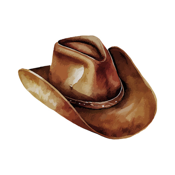 Cowboy cappello disegno ad acquerello. Cappello Western marrone in stile vintage. Illustrazione vettoriale. - Vettoriali, immagini