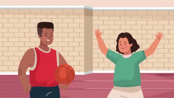 little kids couple practicing basketball animation 4k video animated - Footage, Video