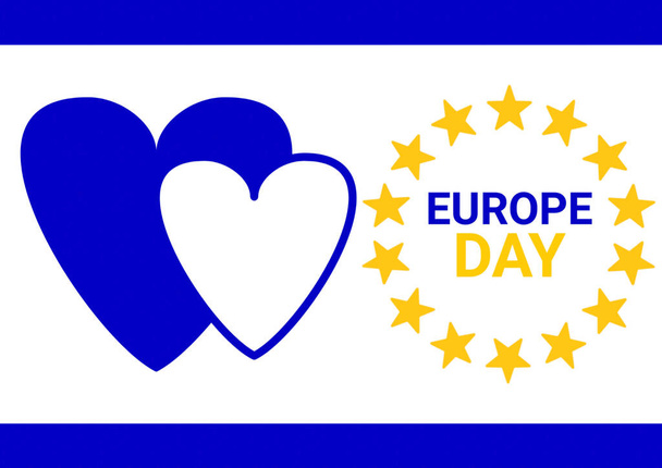 Ημέρα της Ευρώπης. Σημαία της Ευρωπαϊκής Ένωσης με δύο καρδιές. απεικόνιση της σημαίας της ΕΕ.Κατάλληλο για ευχετήρια κάρτα, αφίσα και πανό. Εικονογράφηση διανύσματος - Φωτογραφία, εικόνα